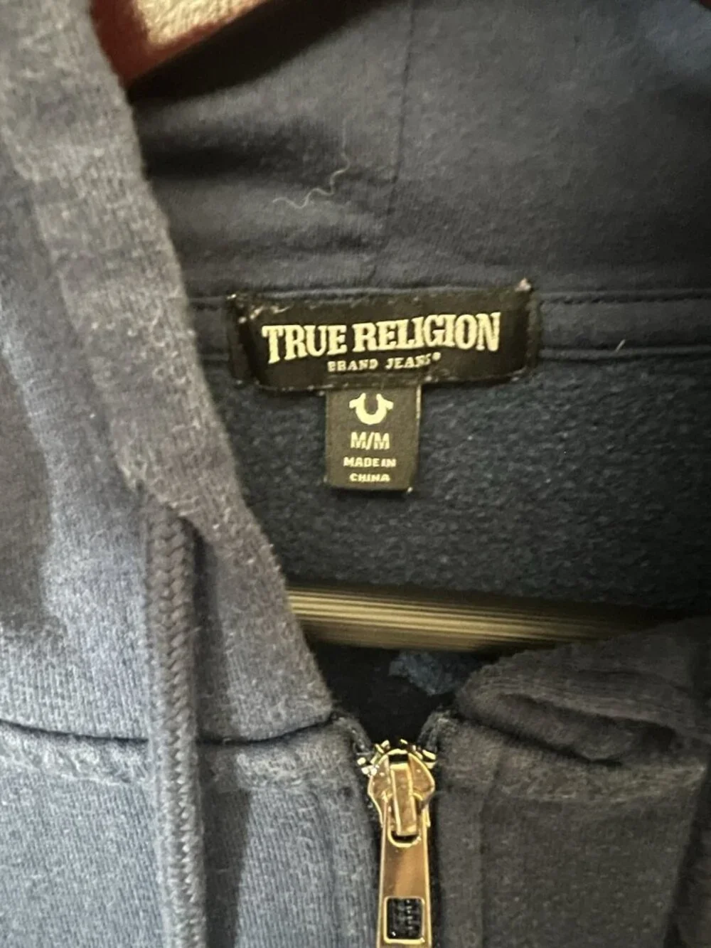 True Religion Hoodie Mens Medium Blue Navy Zip Up Buddha Horseshoe Logo.    Q